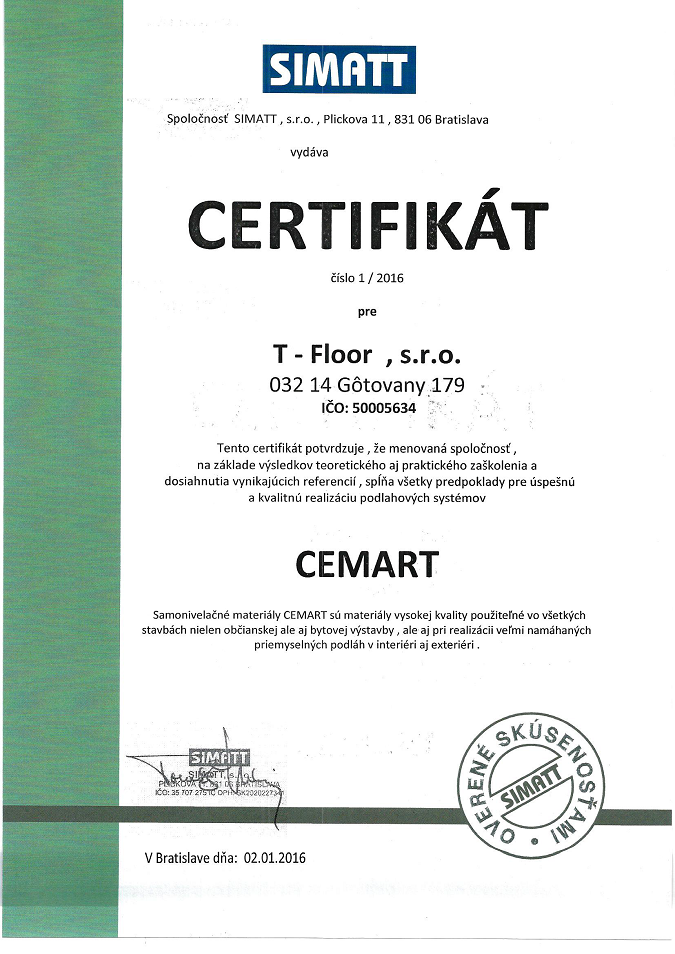 T floor certifikát CEMART